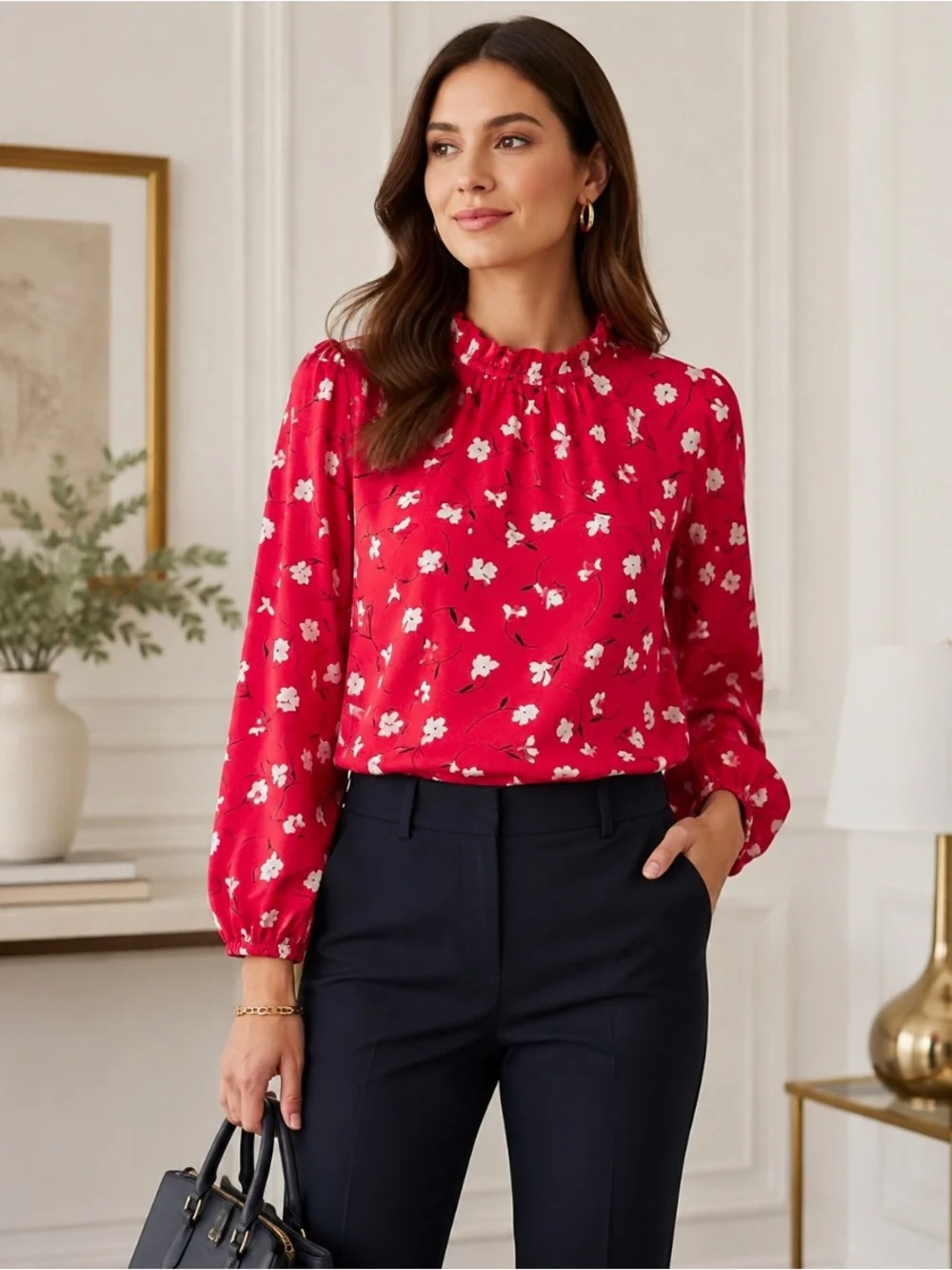 J.Crew Floral Ruffle Neck Long Sleeve Blouse Red White Size Small Classic Office